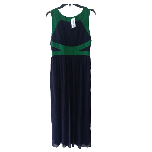 WOMEN'S LONG DRESS,NAVY BLUE AND GREEN DESIGN